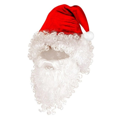 Santa Hat with Hair, Beard and Eyebrows — A red polyester Santa hat with a white trim and pompom, sewn to a fall of white hair, with a separat