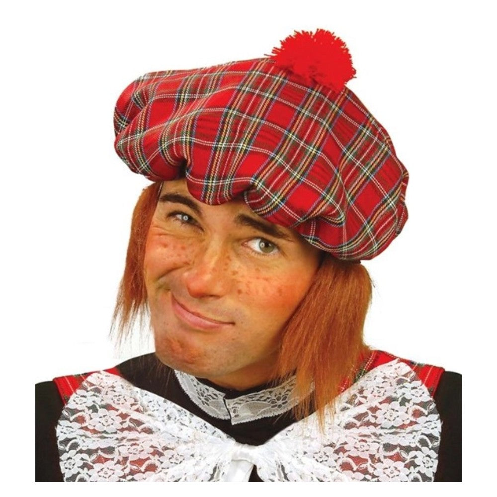 Scottish Tam Hat with Attached Hair — A flat tartan tam hat with a length of ginger hair sewn in around the inside edge so it hangs below 