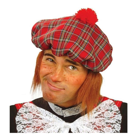 Scottish Tam Hat with Attached Hair — A flat tartan tam hat with a length of ginger hair sewn in around the inside edge so it hangs below 