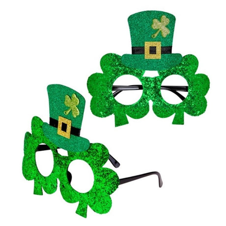 Shamrock Glasses with Mini Top Hat — Green shamrock-shaped glasses with a small covered top hat fixed above the bridge, band and all.