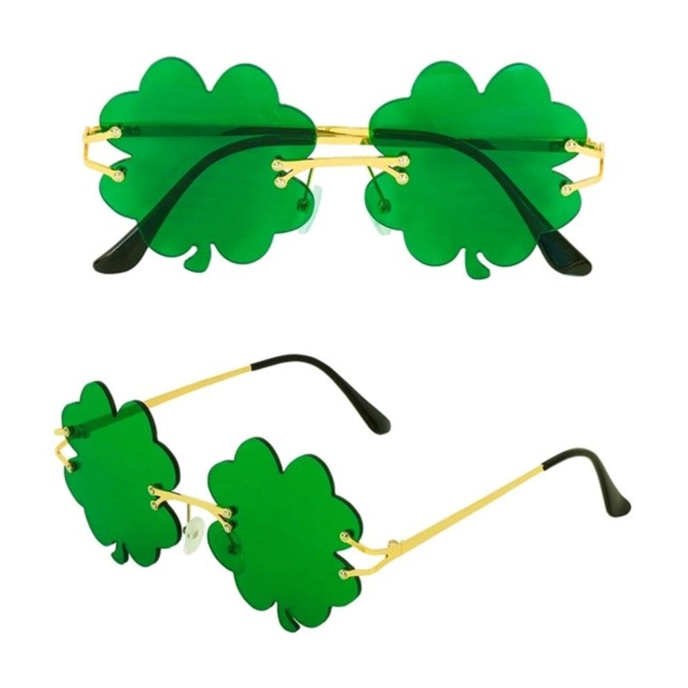 Shamrock Glasses — Green glasses with each lens cut into a three-leaf shamrock, mounted on a slim steel frame.