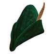 Sherwood Outlaw Hat with Feather — A green pointed medieval hat with a turned-up brim and a real feather tucked into the side band.