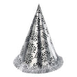 Silver Happy New Year Cone Hat with Fringe — A silver foil cone hat printed for the new year, 28cm tall with a shredded fringe spilling from the 