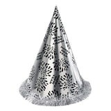 Silver Happy New Year Cone Hat with Fringe — A silver foil cone hat printed for the new year, 28cm tall with a shredded fringe spilling from the 