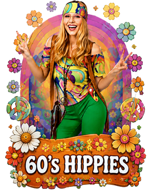 1960s hippie fancy dress costumes - woman in a tie dye top, headband and green flares making peace signs