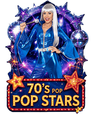 1970s pop star fancy dress costumes - woman in a blue metallic flared jumpsuit and white wig holding a microphone
