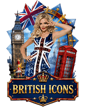 British icons fancy dress costumes - woman in a Union Jack sequin dress with Big Ben and a red telephone box
