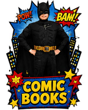 Comic book and superhero fancy dress costumes - child in a black bat superhero suit with POW and BAM comic panels
