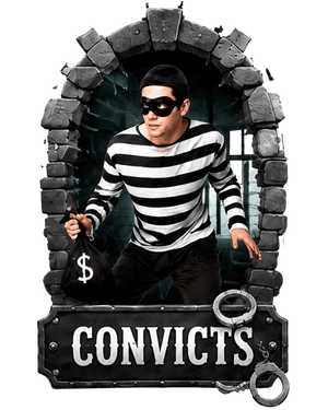 Convict and robber fancy dress costumes - man in a black and white striped top and eye mask carrying a swag bag