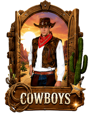 Cowboy and Wild West fancy dress costumes - man in a cowboy hat, leather waistcoat and red bandana in a saloon doorway