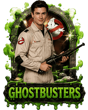 Ghostbusters fancy dress costumes - man in a beige Ghostbusters jumpsuit holding a proton wand with green slime