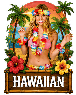 Hawaiian and tropical fancy dress costumes - woman in a flower lei and hula outfit on a palm tree beach