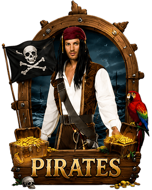 Pirate fancy dress costumes - man in a pirate bandana and waistcoat with treasure chests, a parrot and a Jolly Roger flag