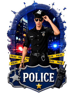 Police fancy dress costumes - man in a black police officer uniform, cap and sunglasses with squad car lights behind