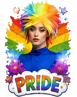 Pride fancy dress and rainbow accessories - woman in a rainbow spiked wig against a rainbow flag backdrop