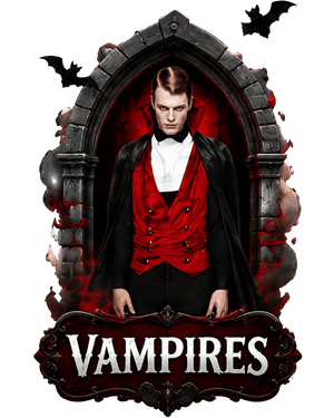 Vampire fancy dress costumes - man in a black cape and red waistcoat in a stone archway surrounded by bats