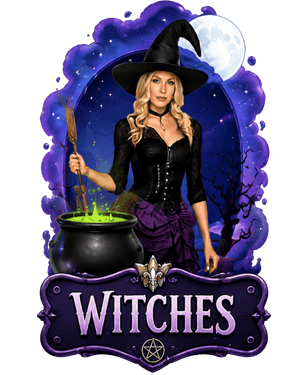 Witches and wizards fancy dress costumes - woman in a black witch hat and corset beside a bubbling green cauldron