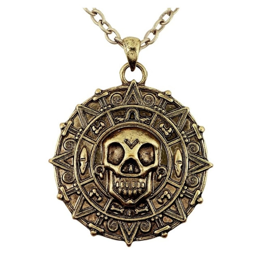 Skull and Compass Necklace — A cast metal pendant shaped as a skull set into a compass, hanging from a matching chain.