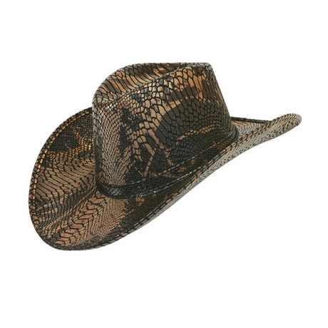 Snakeskin Print Cowboy Hat — A cowboy hat covered in a brown and black snakeskin-print polyester, with a pinched crown and a brim