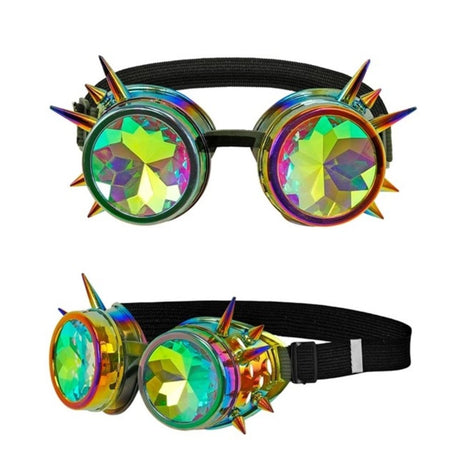 Steampunk Kaleidoscope Goggles — Round brass-toned goggles with faceted glass lenses that break what you see into repeating fragments