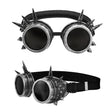 Steampunk Spiked Goggles in Antique Silver — A pair of round aviator-style goggles in an antique silver finish, studded with spikes around the ri