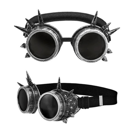 Steampunk Spiked Goggles in Antique Silver — A pair of round aviator-style goggles in an antique silver finish, studded with spikes around the ri