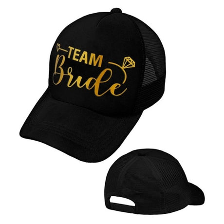 Team Bride Cap — A plain white polyester baseball cap printed with Team Bride across the front panel.