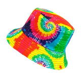 Tie Dye Bucket Hat — A polyester bucket hat printed in a swirled tie dye pattern across the crown and brim.