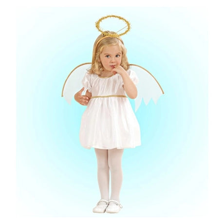 Toddler Angel Costume — A white full-length dress with gold trim, sold with a pair of clip-on wings and a gold halo on a ban