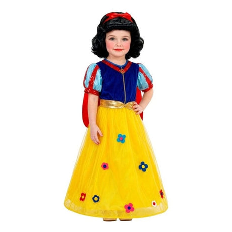 Toddler Fairytale Princess Costume — A long pink princess dress with a full skirt and gold trim, worn with a tie belt and a matching cape