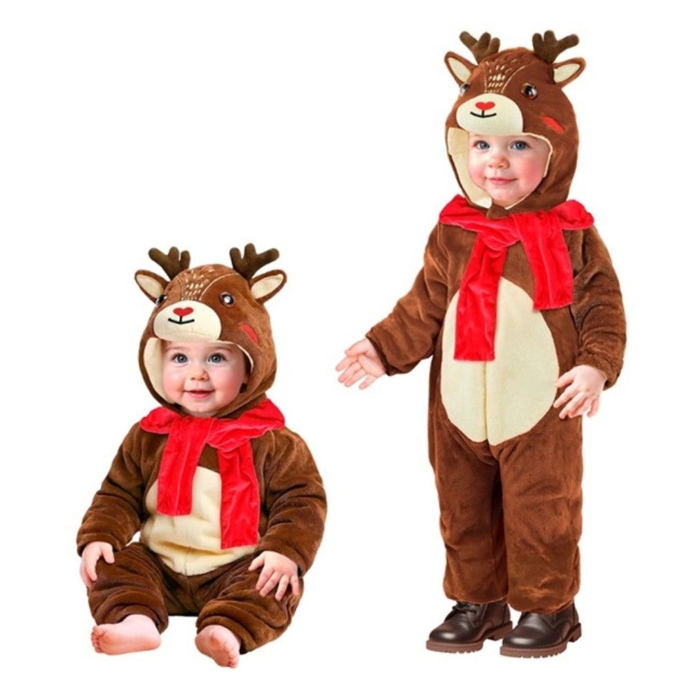 Toddler Plush Reindeer Costume — A brown plush velvet jumpsuit with antlers on the hood and a reindeer face at the crown, worn with a