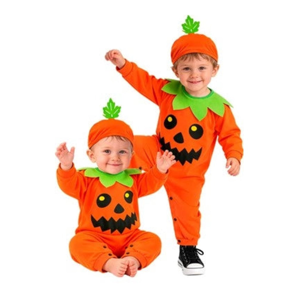 Toddler Pumpkin Costume with orange pumpkin jumpsuit and stalk hat