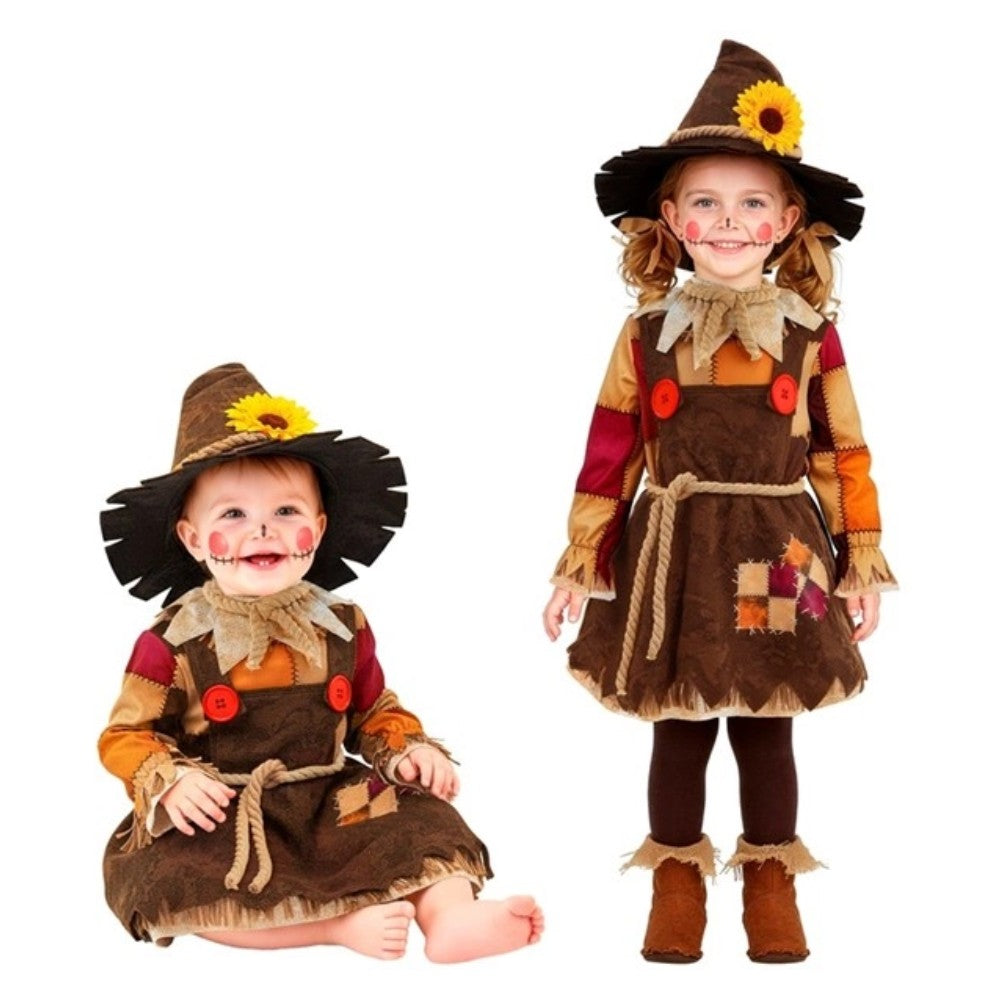 Toddler Scarecrow Costume — A patchwork-print dress in autumn browns and oranges with a ruffled collar, a tie belt and a matchin