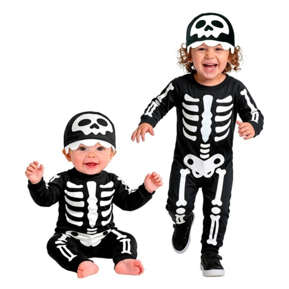 Toddler Skeleton Costume — A black jumpsuit printed with white bones front and back, with a soft matching headpiece.