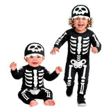 Toddler Skeleton Costume — A black jumpsuit printed with white bones front and back, with a soft matching headpiece.