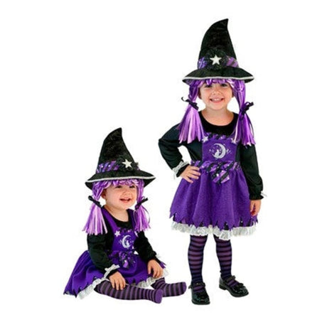 Toddler Witch Costume with purple moon-print dress, striped tights and hat with attached plaits