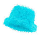 Turquoise Plush Bucket Hat — A fluffy turquoise bucket hat in soft polyester and acrylic plush, with a full brim all the way roun