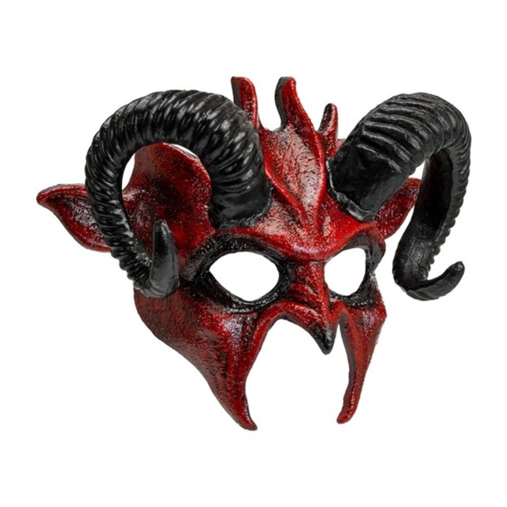 Venetian Devil Mask — A red commedia dell'arte devil mask with curved horns, heavy brows and a long sharp nose.