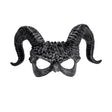 Venetian Horned Demon Mask — A dark commedia dell'arte demon mask with swept-back horns, deep-set eyes and gold detailing worked 