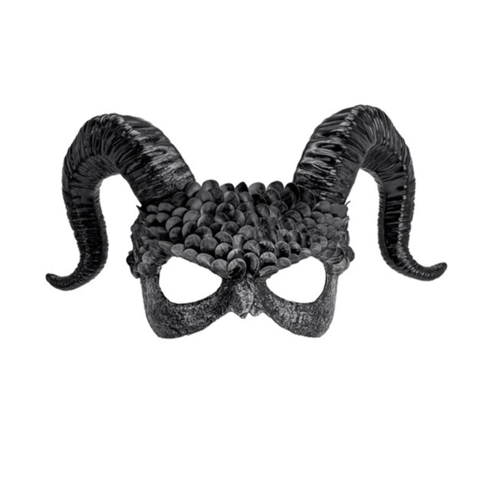 Venetian Horned Demon Mask — A dark commedia dell'arte demon mask with swept-back horns, deep-set eyes and gold detailing worked 