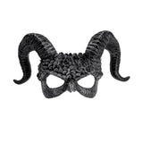 Venetian Horned Demon Mask — A dark commedia dell'arte demon mask with swept-back horns, deep-set eyes and gold detailing worked 
