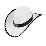 White Felt Cowboy Hat — A white felt-look cowboy hat with a creased crown and a wide brim curled up at each side.