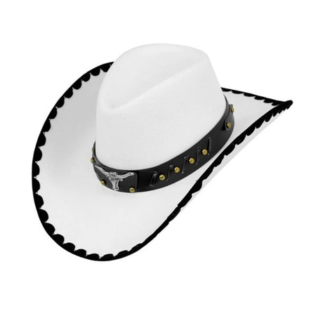 White Felt Cowboy Hat — A white felt-look cowboy hat with a creased crown and a wide brim curled up at each side.