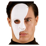 White Half Face Masquerade Mask — A smooth white moulded mask covering one side of the face from the forehead down past the cheekbone,