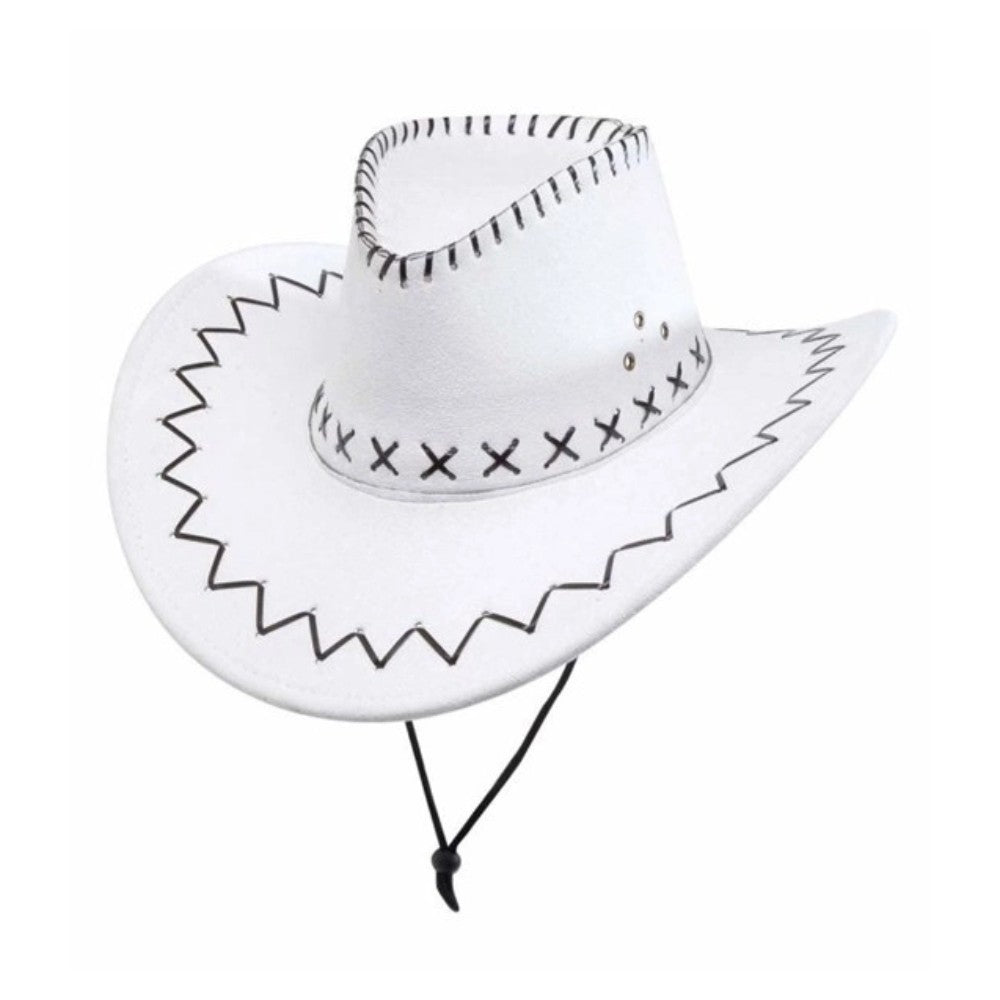 White Suede Look Cowboy Hat — A white cowboy hat in brushed suede-look polyester, with a creased crown, an upturned brim and visib