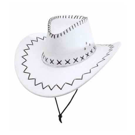 White Suede Look Cowboy Hat — A white cowboy hat in brushed suede-look polyester, with a creased crown, an upturned brim and visib