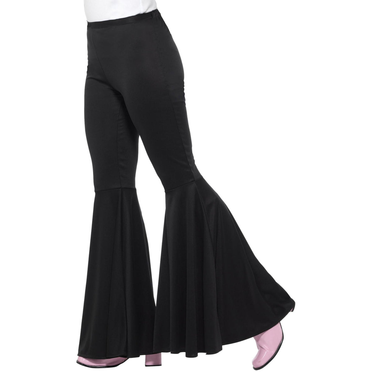 Close-up of the flared hem on the black costume trousers