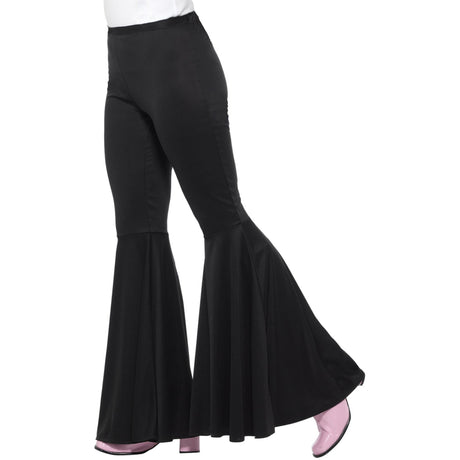 Close-up of the flared hem on the black costume trousers