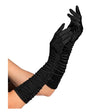 Women's Black Pleated Satin Gloves — A pair of black satin gloves, 44cm long, with a fine pleat running the length of the arm.