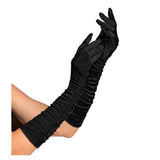 Women's Black Pleated Satin Gloves — A pair of black satin gloves, 44cm long, with a fine pleat running the length of the arm.